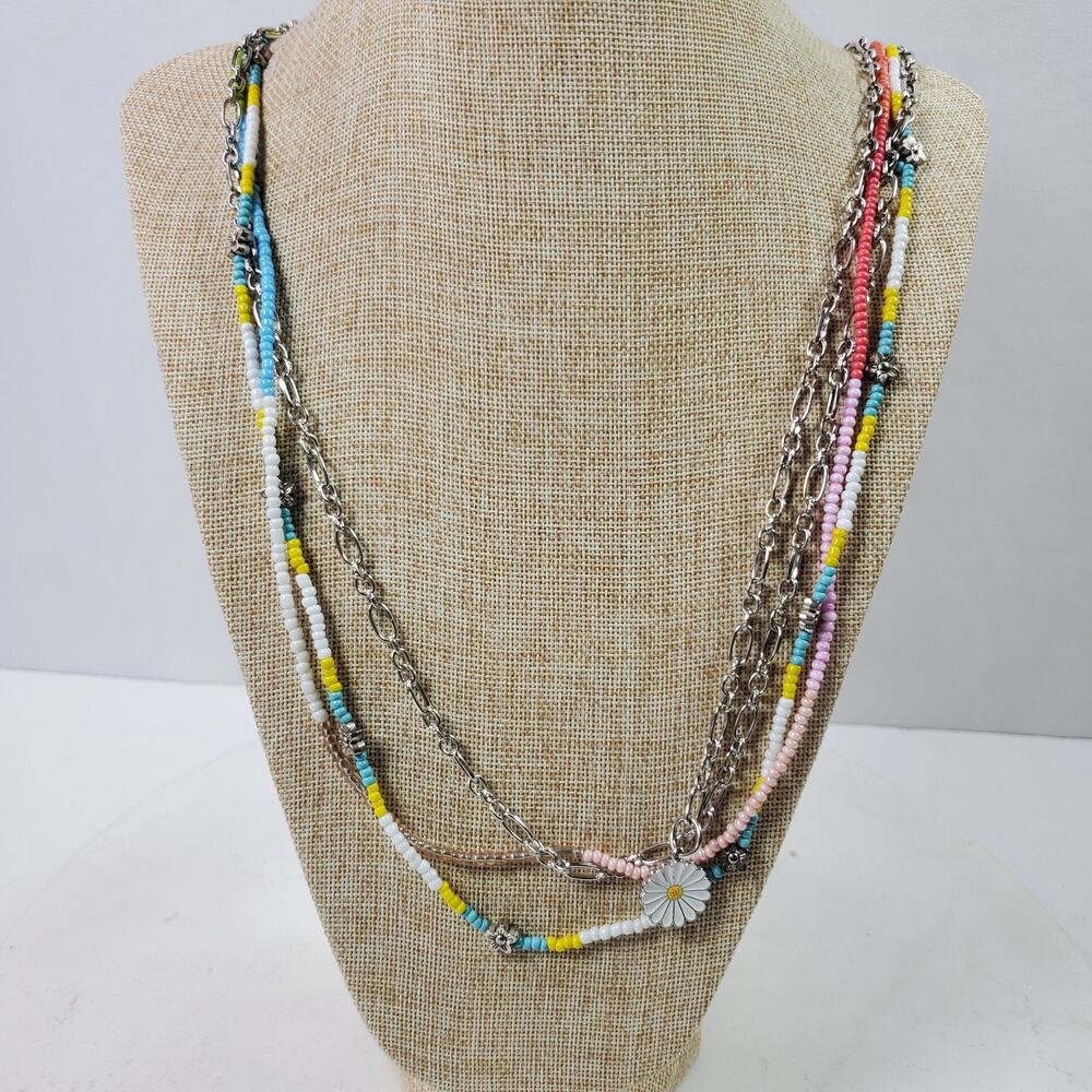 Vintage Necklace Hippie Flowers Multi Color Multi Chain Up To 40 Inch